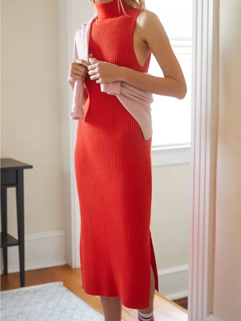Anthropologie Daily Practice Ribbed Slim Knit Midi Dress Turtleneck Tomato Sz S